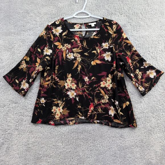 J. Jill Tops - J Jill Top Women's Large Petite LP Black Floral 3/4 Bell Sleeve V Neck Peasant